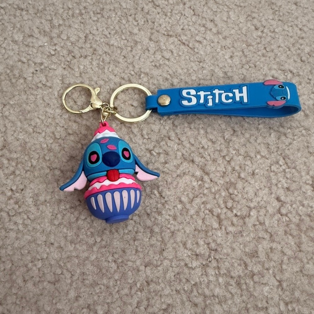 Disney Stitch Cupcake Keychain Blue Pink Rubber Bag Charm Wristlet Strap Kawaii